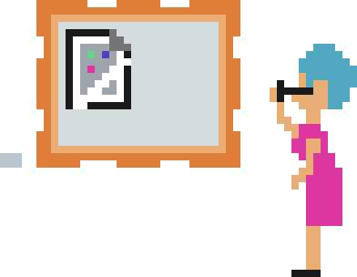 original pixel art illustration of a broken image icon framed like art on a wall. There is an old lady looking on in somewhat disbelief