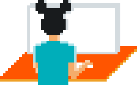 Original pixel art illustration of man wearing mickey ears in front of a large monitor. 