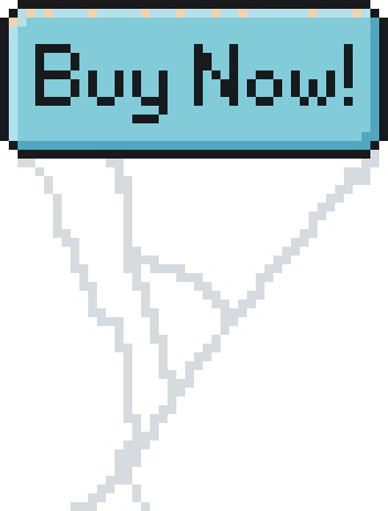 original pixel art illustration of submit button that says buy now on it. There are dust particles and cobwebs on the button.
